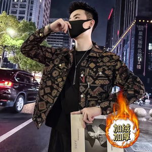 秋冬新款高级时尚潮流男士夹克外套加绒加厚休闲翻领修身开衫上衣