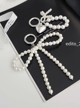 韩国进口 edito东大门金属爱心编织蝴蝶结串珠珍珠手机链钥匙扣