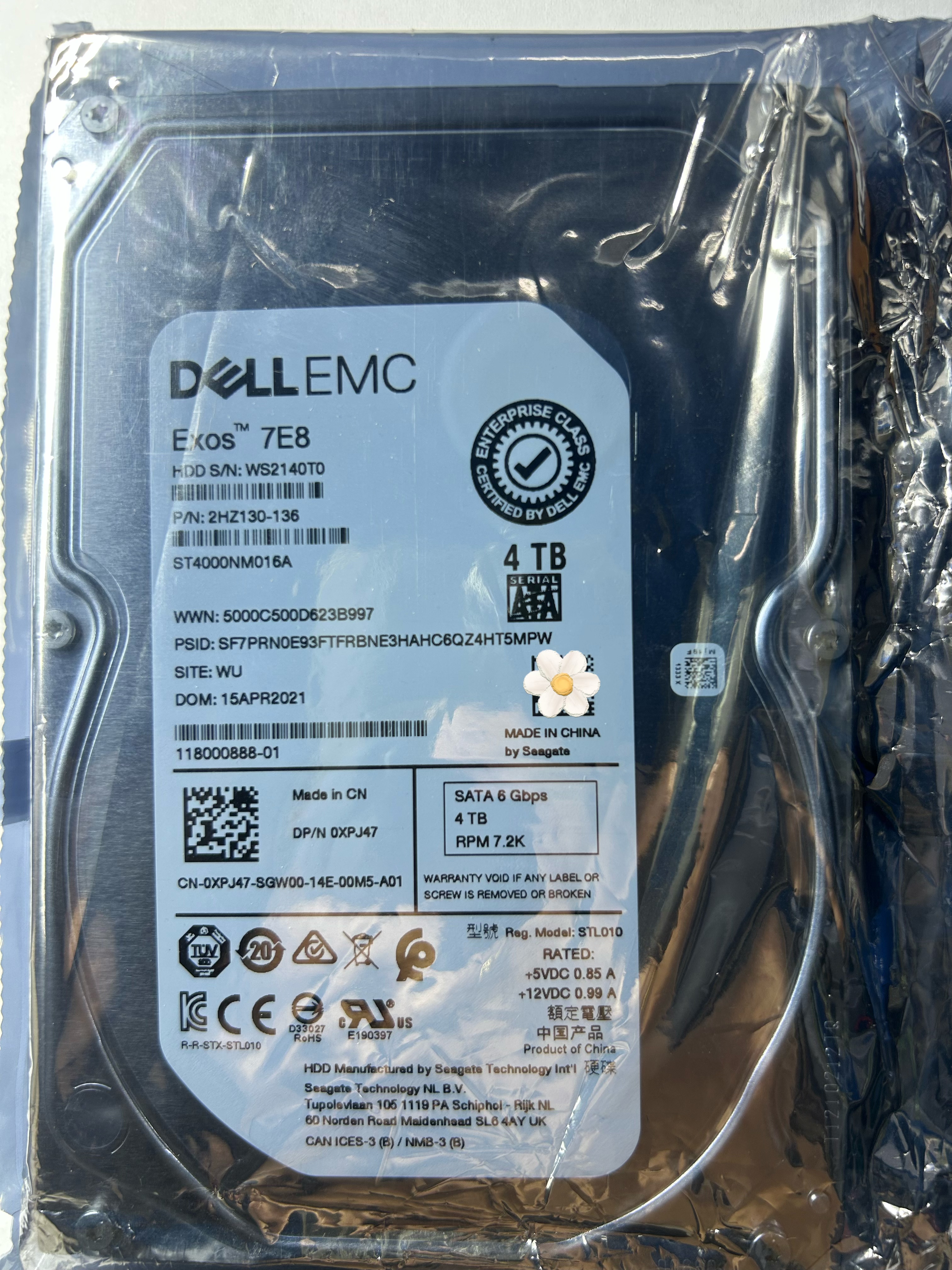 戴尔4T硬盘0XPJ47企业级SATA机械硬盘ST4000NM016A DELL 4TB 7.2K