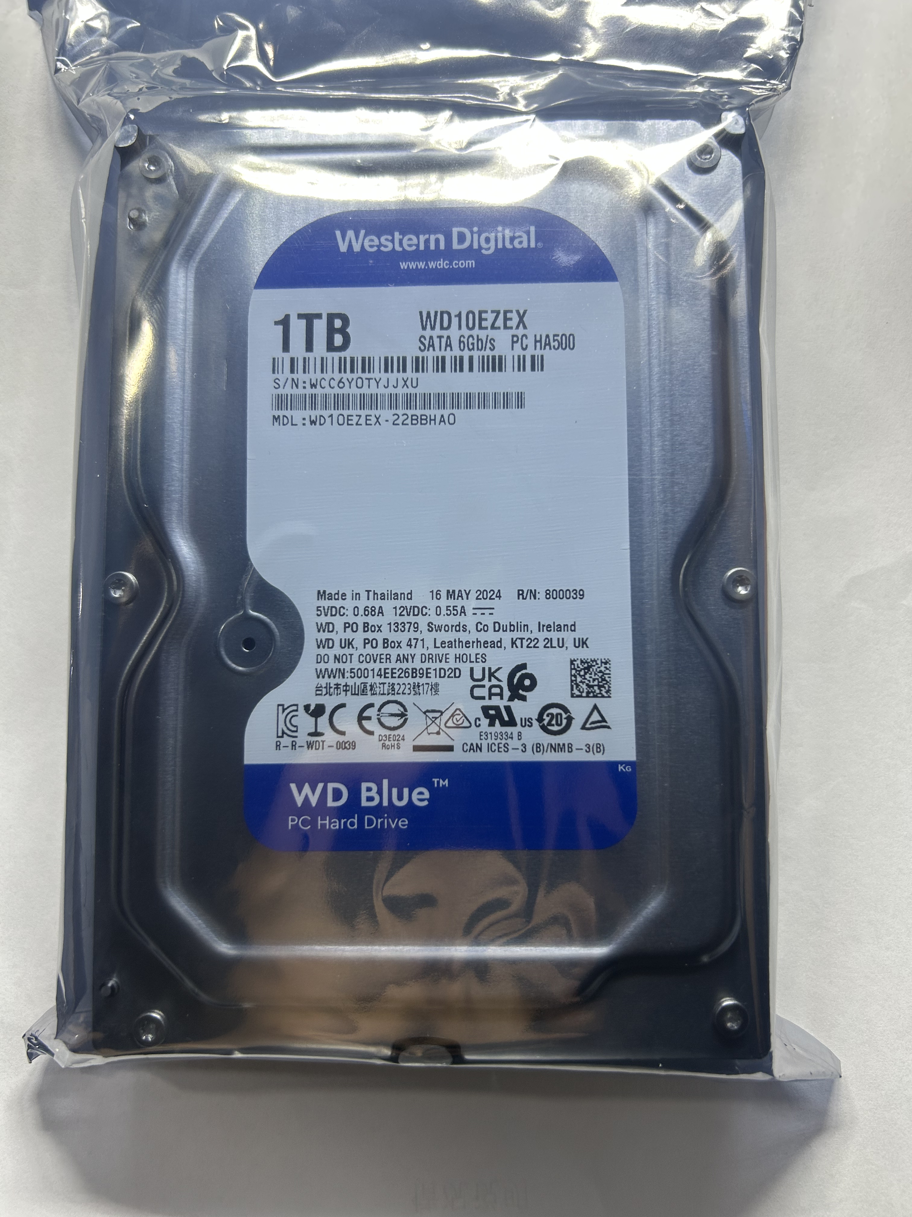 西数1T蓝盘WD10EZEX机械硬盘3.5寸SATA 西部数据1TB蓝盘台式机盘