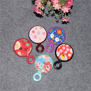 出口日本原单  和风印花绉布手柄化妆镜  日式小镜子  带纸卡包装
