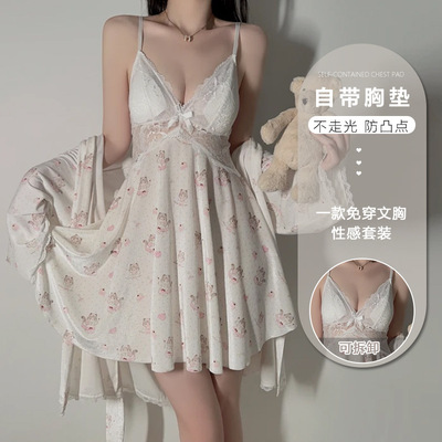 瑰若可爱猫咪印花丝绒蕾丝拼接加胸垫吊带睡裙外袍家居服套装6459