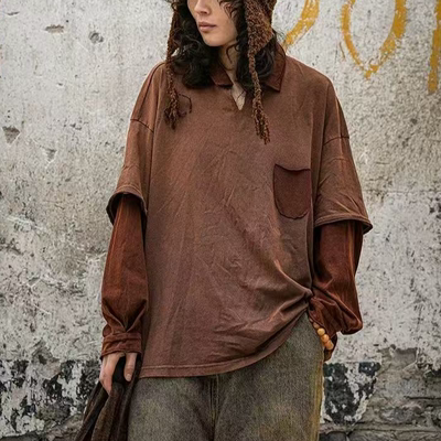 疯子张25春款复古做旧拼接撞色翻领宽松假两件休闲百搭衬衫#08442