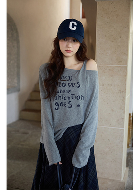 夕蒙2025新款秋韩系绝美气质上衣设计感独特别致小众灰色斜肩t恤