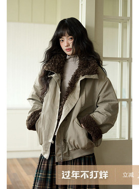 夕蒙2025新款冬季慵懒宽松绝美巨好看独特小个子卡其毛绒厚外套女