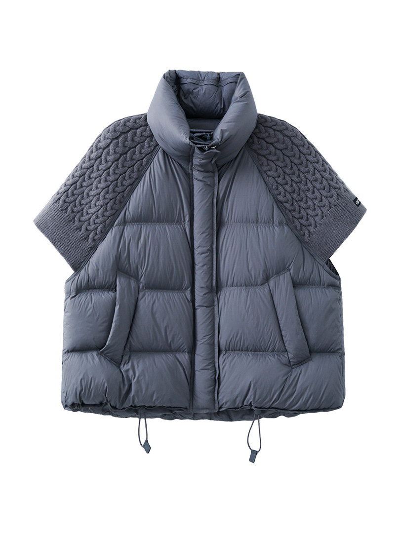 Gray quilted puffer vest laid flat on a white background