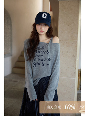 夕蒙2025新款秋韩系绝美气质上衣设计感独特别致小众灰色斜肩t恤