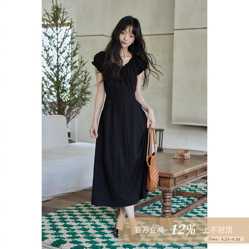 夕蒙2026新款夏韩系气质裙子小个子高级小众黑色收腰显瘦连衣裙女