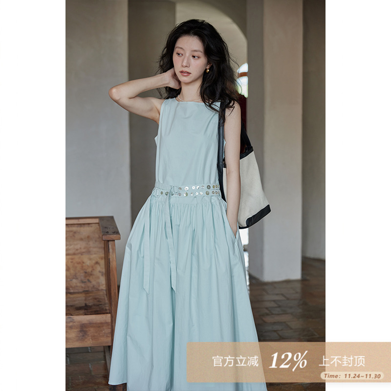 95折/夕蒙2025夏设计感小众法式气质小个子无袖复古背心连衣裙女