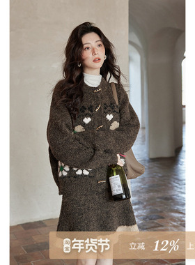 夕蒙2026新款冬季独特漂亮小个子宽松慵懒牛角扣咖绿色毛衣两件套