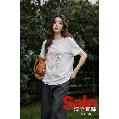 【清仓秒杀】春夏韩系气质好看时尚上衣白色水果印花正肩短袖t恤