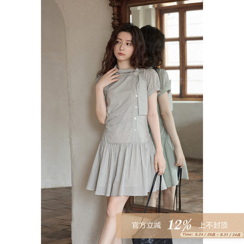 夕蒙2026新款夏季韩系休闲好看裙子修身短款立领泡泡袖格子连衣裙
