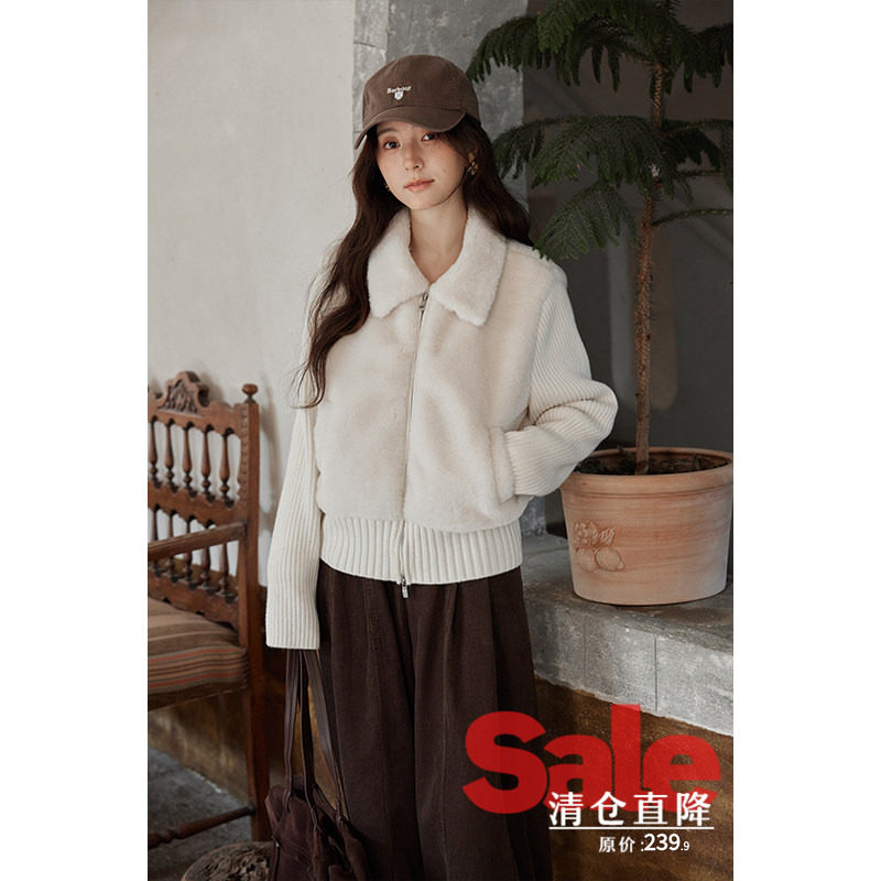 【清仓秒杀】秋冬针织拼接羊羔毛领韩系好看小个子短款厚外套女士