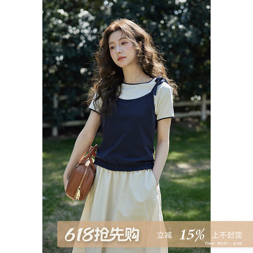 夕蒙2026新款夏高级小众时尚洋气上衣独特设计感假两件短袖t恤女