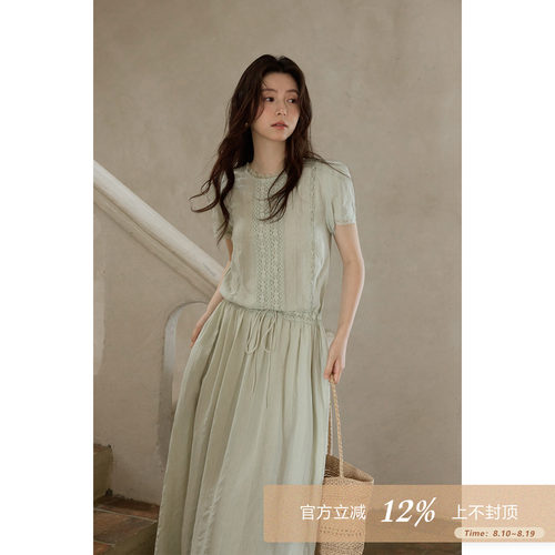 夕蒙2026新款夏季韩系气质好看裙子收腰长款绿色提花蕾丝边连衣裙