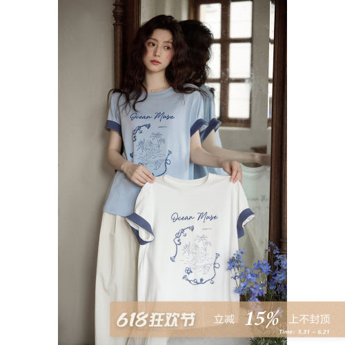 夕蒙2026新款夏季韩系漂亮独特上衣休闲显瘦撞色印花圆领短袖t恤