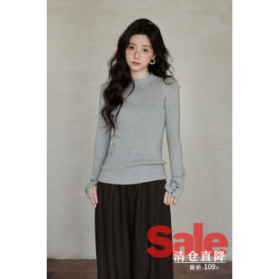韩系气质上衣小个子绝美修身 春季 圆领套头灰色针织衫 清仓秒杀