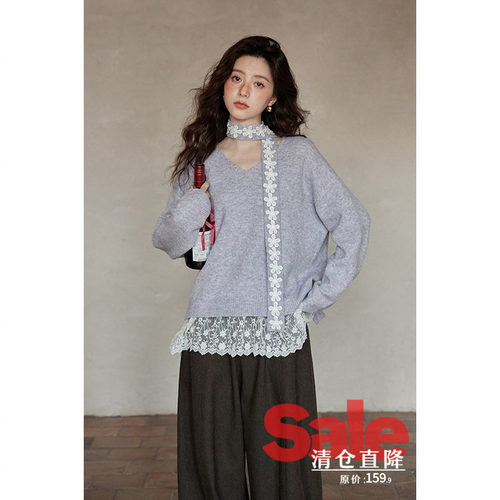 【反季清仓】冬季韩系慵懒风高级感独特小个子飘带紫色v领毛衣女