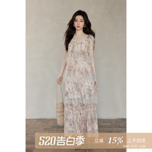 夕蒙2026新款夏季韩系好看绝美裙子海边度假蕾丝拼接长款连衣裙女