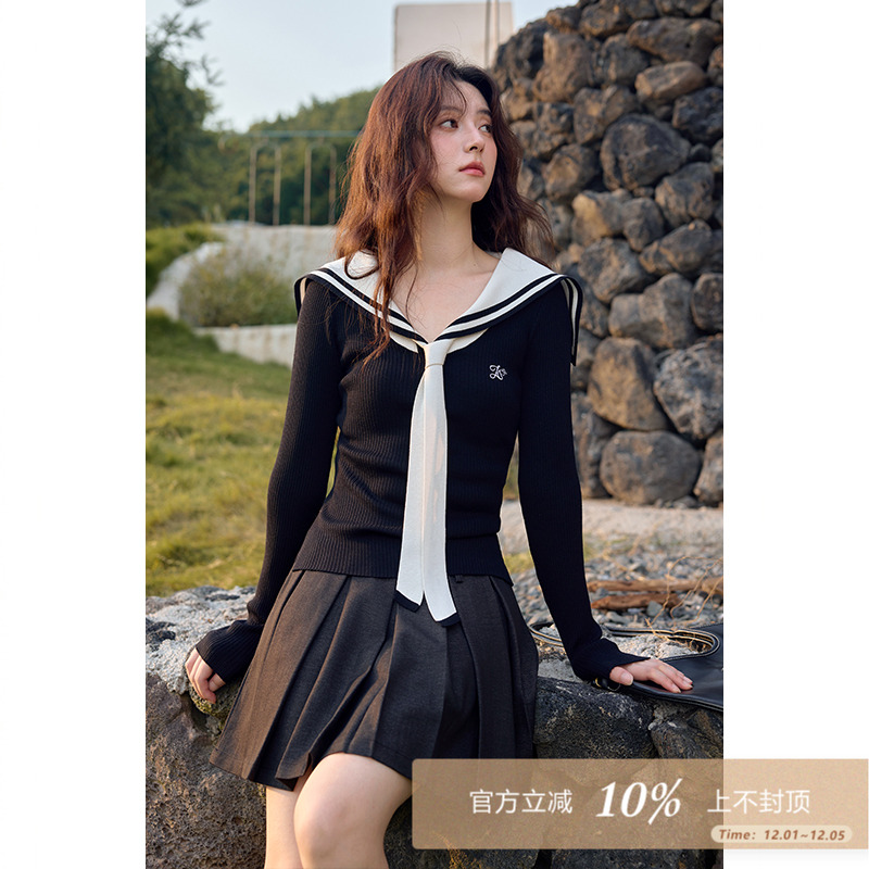 夕蒙2025新款秋季韩系气质上衣小个子小众高级感海军领长袖针织衫
