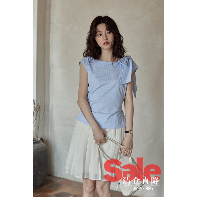 【清仓秒杀】夏韩系气质上衣别致减龄小衫小众蝴蝶结蓝色条纹衬衫,女装/女士精品,衬衫,淘宝优惠券,粉丝福利购,淘宝优惠卷