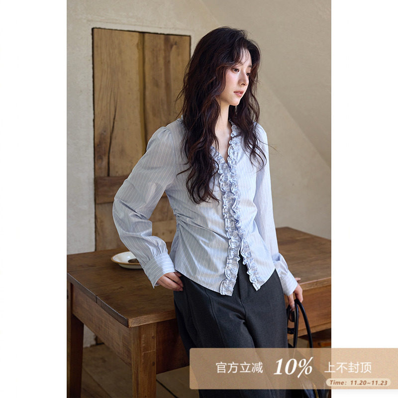 夕蒙2025新款秋季韩系气质上衣小个子高级设计感花边浅蓝条纹衬衫