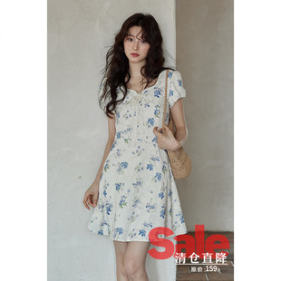 夏韩系气质裙子设计感小个子独特绝美杏色印花连衣裙 清仓秒杀