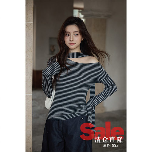 【清仓秒杀】秋韩系气质上衣小个子小众独特修身斜肩深灰条纹t恤