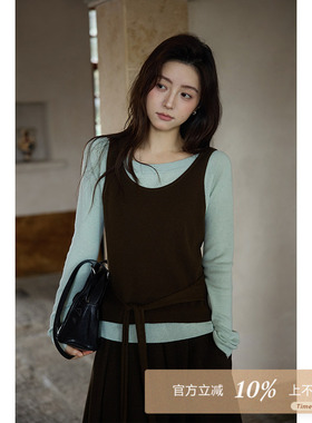 夕蒙2025新款秋韩系时尚洋气上衣修身小众氛围感独特假两件针织衫