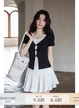 【夕蒙新品】夏季韩系上衣黑色波点假两件拼接蕾丝正肩短袖t恤女