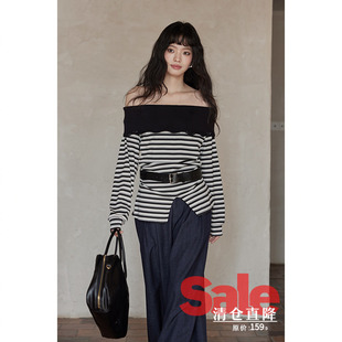 韩系气质上衣设计感小众一字肩露肩条纹长袖 春季 t恤 清仓秒杀