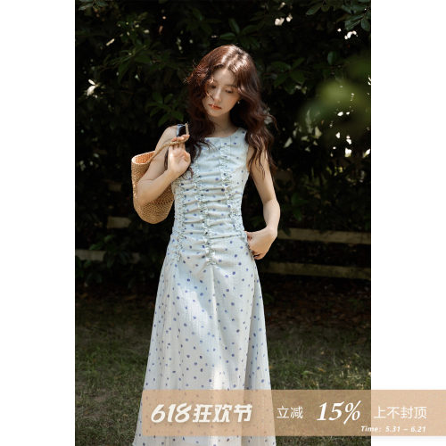 夕蒙2026新款夏季韩系气质漂亮裙子收腰显瘦蓝色波点无袖连衣裙女