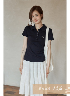 夕蒙2026新款夏季韩系polo上衣气质显瘦藏蓝色刺绣正肩短袖t恤女