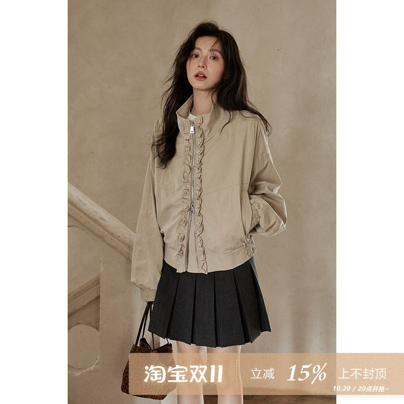 夕蒙2026新款秋季韩系设计感上衣拉链宽松卡其色木耳边立领外套女