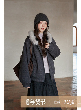 夕蒙2025新款冬季韩系气质上衣小个子加绒毛领灰色连帽卫衣外套女