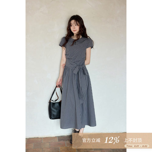 夕蒙2026新款夏季韩系好看裙子藏蓝色绑带格纹娃娃领短袖连衣裙女