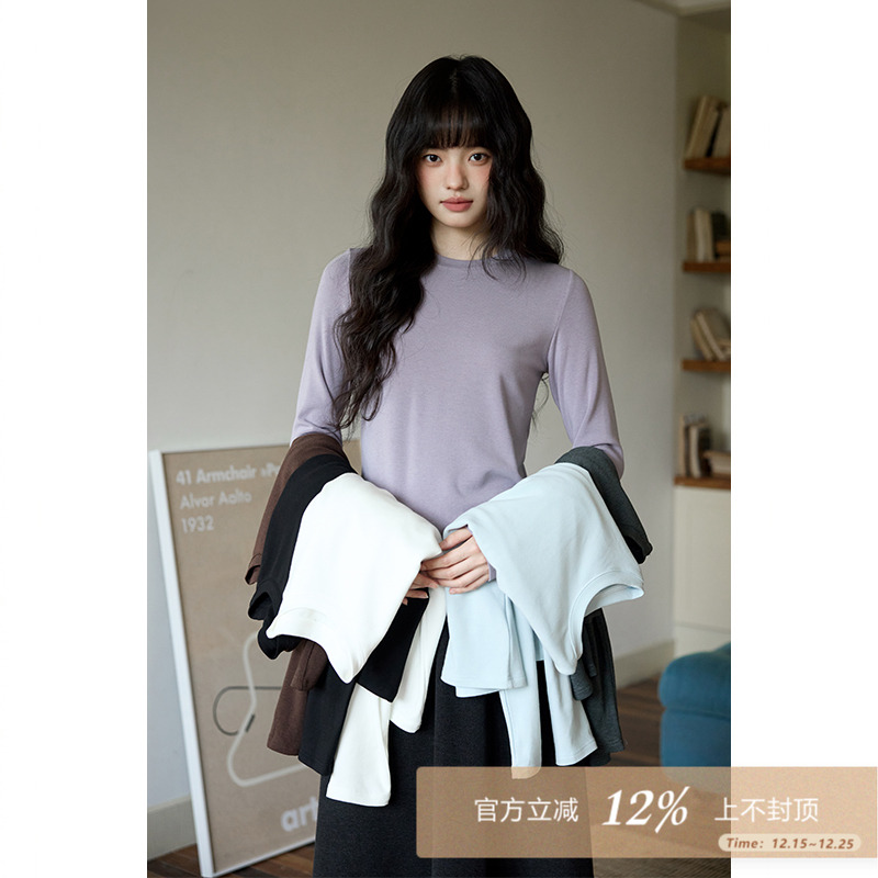 夕蒙2025新款冬季韩系内搭上衣打底衫洋气小个子修身圆领长袖t恤