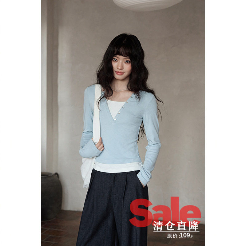 【清仓秒杀】春季高级感修身气质上衣小众小个子假两件长袖t恤女