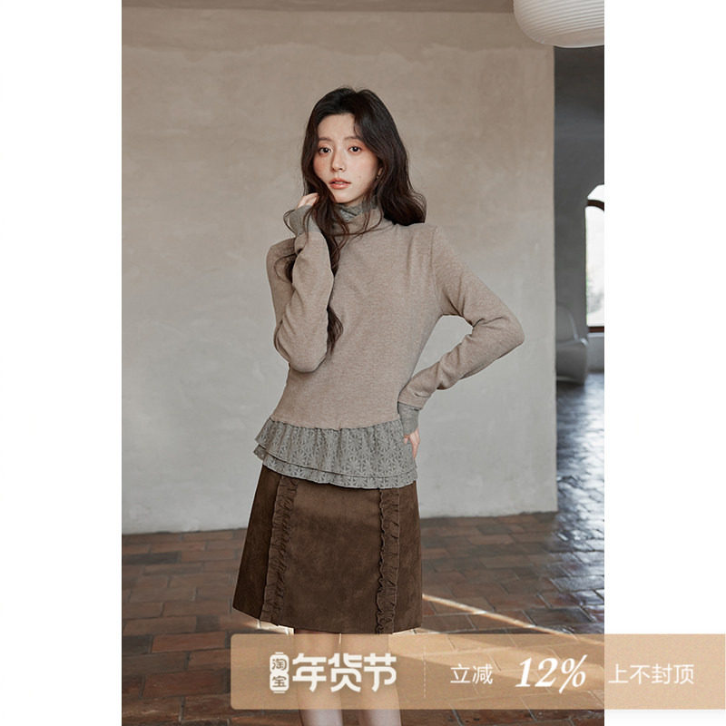 夕蒙2025新款冬季韩系气质上衣小个子小众蕾丝拼接假两件长袖t恤