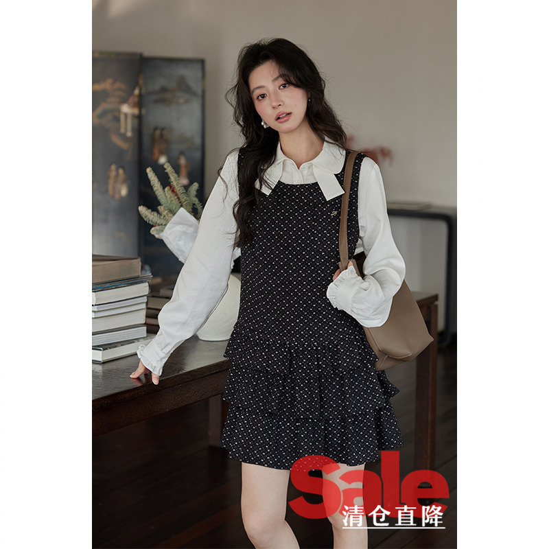 【反季清仓】春韩系小个子绝美别致复古蛋糕裙摆黑色碎花连衣裙女