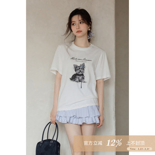夕蒙2026新款 t恤 春夏韩系气质上衣小众绝美独特小狗白色圆领短袖