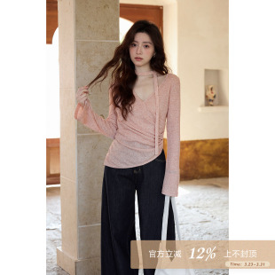 t恤 韩系纯欲风气质上衣设计感掐腰v领粉色长袖 夕蒙2026新款 春季
