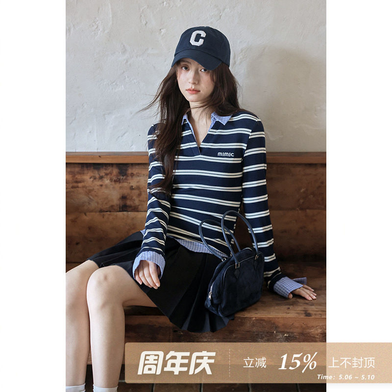 夕蒙2026新款春秋韩系气质上衣小个子设计感假两件条纹长袖t恤女