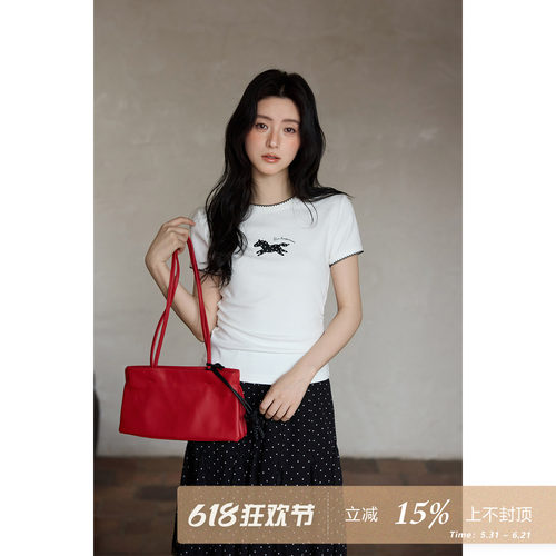 夕蒙2026新款春夏韩系漂亮上衣原创小马印花白色修身正肩短袖t恤