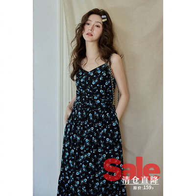 【清仓秒杀】夏韩系独特漂亮气质裙子小个子黑色碎花吊带连衣裙