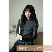 夕蒙2025新款 t恤女 深灰波点长袖 秋冬韩系内搭打底衫 小众流行修身