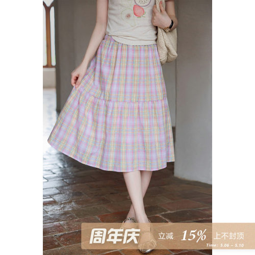 夕蒙2026新款夏季韩系好看气质灰裙子多巴胺粉色格纹a字半身裙女