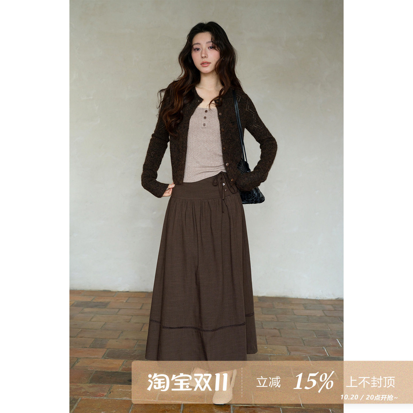 夕蒙2026新款秋季韩系穿搭一整套装复古咖色背心开衫外套半身裙女