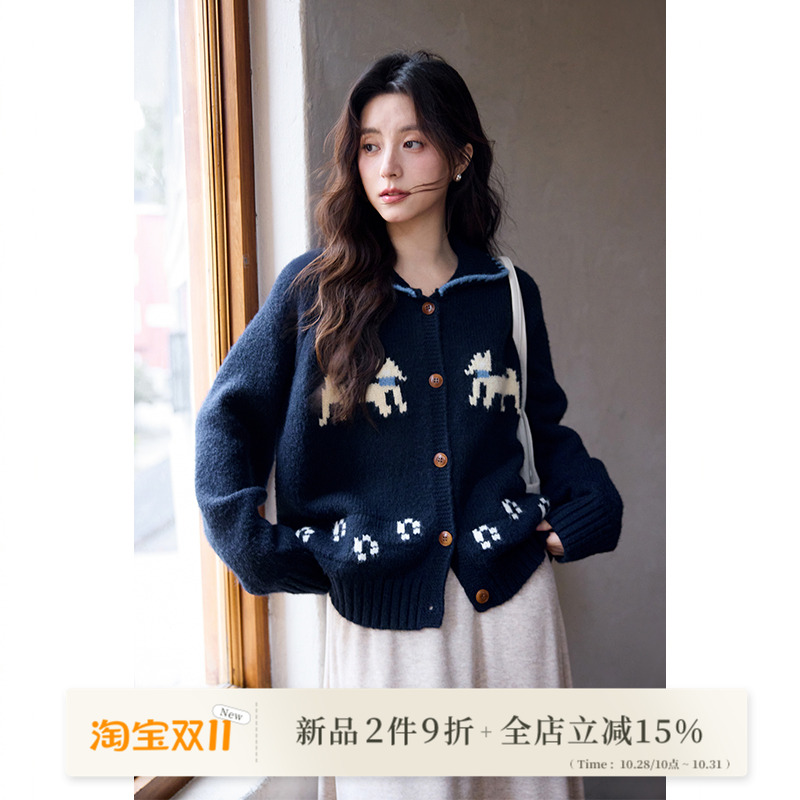 新品2件9折/秋冬韩系气质上衣小个子小众慵懒松弛感藏蓝毛衣开衫