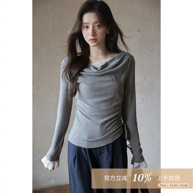 夕蒙2025新款秋季韩系高级感chic别致上衣小众修身蕾丝长袖t恤女